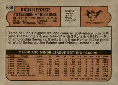 Vintage 1972 Topps Rich Hebner baseball card back showing player stats and info