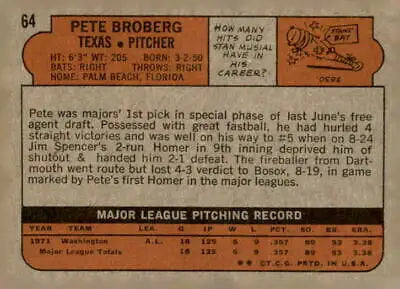 Vintage baseball card back of 1972 Topps #64 Pete Broberg trading card