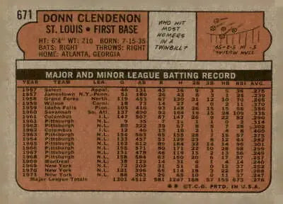 Vintage baseball card back of 1972 Topps #671 Donn Clendenon featuring Clendenon baseball card
