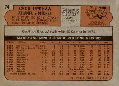 Vintage baseball card back from 1972 Topps #74 Cecil Upshaw sports trading card