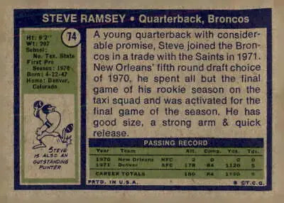 Vintage Steve Ramsey football trading card from 1972 Topps #74 featuring Steve Ramsey