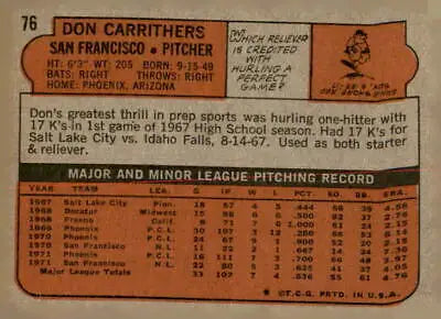 Vintage baseball card back of 1972 Topps #76 Don Carrithers from San Francisco Giants