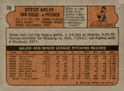Back of 1972 Topps #78 Steve Arlin trading card showing player stats and biography
