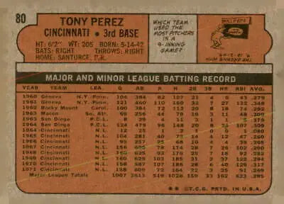 Vintage baseball card back of 1972 Topps #80 Tony Perez in EX-MT condition