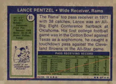 Vintage Lance Rentzel football card 1972 Topps Los Angeles Rams collectible image