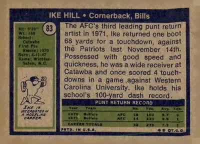 Vintage Ike Hill football card from 1972 Topps in well-preserved state featuring Buffalo Bills