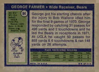 1972 Topps #84 George Farmer EX-MT trading card featuring George Farmer’s football profile