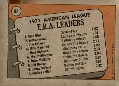 1972 Topps A.L. E.R.A. Leaders trading card featuring Vida Blue, Wilbur Wood, Jim Palmer