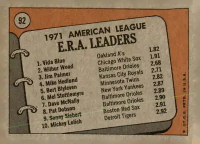 1971 American League E.R.A. leaders card featuring Vida Blue, Wilbur Wood, and Jim Palmer