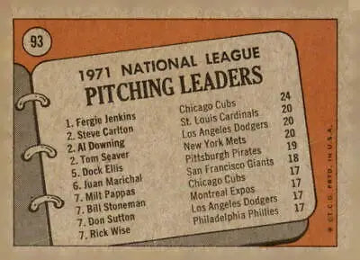 1971 National League pitching leaders card featuring Fergie Jenkins and Steve Carlton