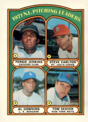 Vintage baseball card featuring Fergie Jenkins and Steve Carlton from 1972 Topps pitching leaders