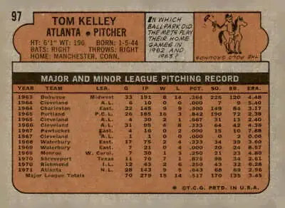 Tom Kelley baseball card back from 1972 Topps #97 sports trading card collection