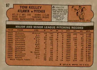 Vintage baseball card back of 1972 Topps #97 Tom Kelley, Atlanta Braves player