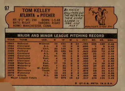 Vintage 1972 Topps #97 Tom Kelley baseball card back featuring player stats and info
