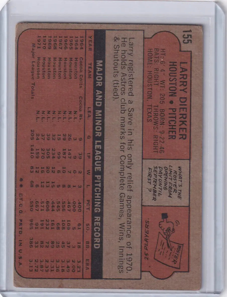 Vintage 1972 Topps Baseball card featuring Larry Dierker of the Houston Astros