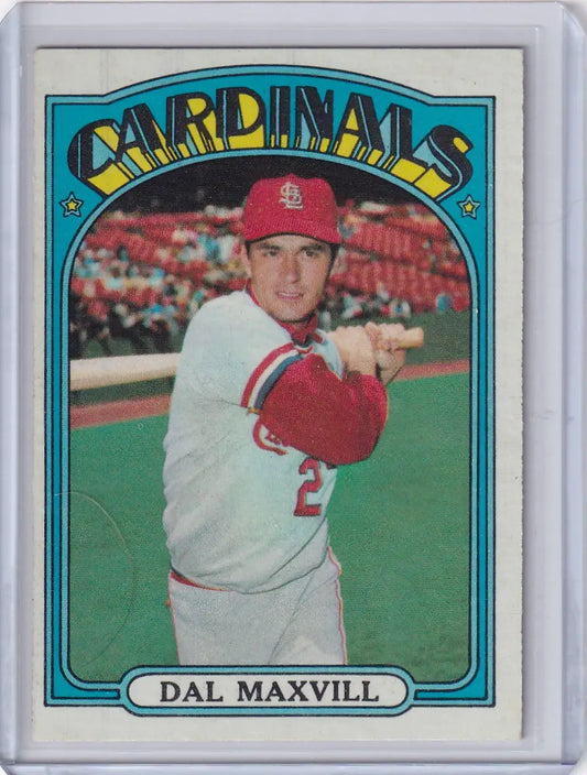 1972 Topps Baseball card featuring St. Louis Cardinals player Dal Maxvill in batting stance