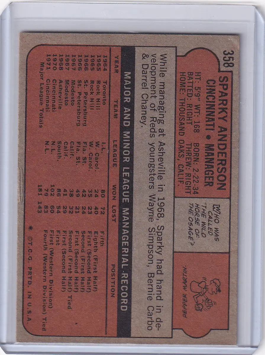 Back of 1972 Topps Baseball #358 Sparky Anderson MGR - Cincinnati Reds card