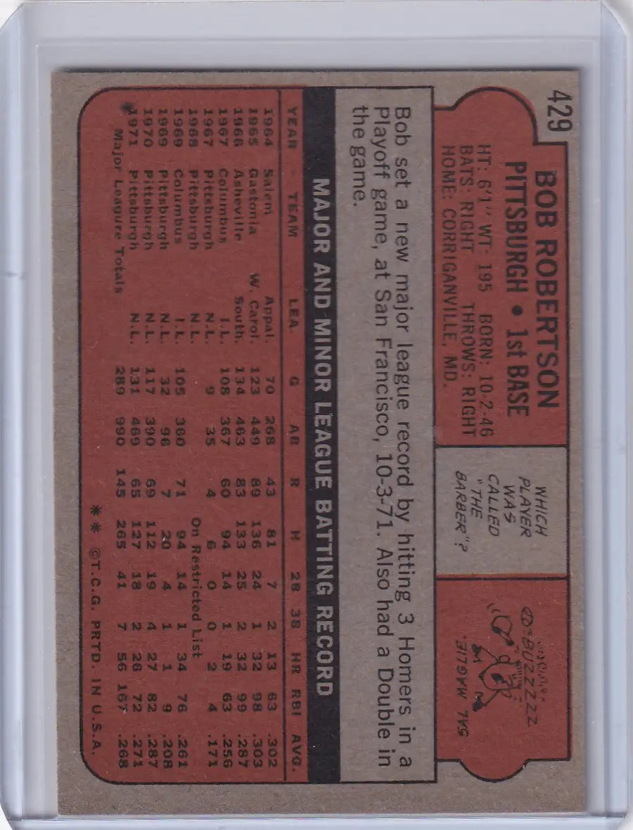 Vintage 1972 Topps Baseball card of Bob Robertson from the Pittsburgh Pirates
