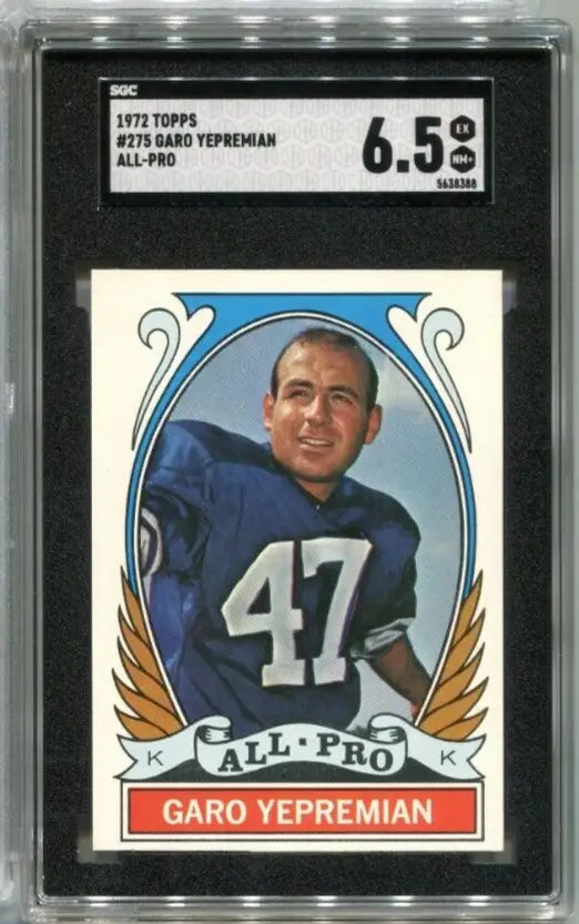 Graded Garo Yepremian football card from 1972 Topps Football High showcasing Dolphins star