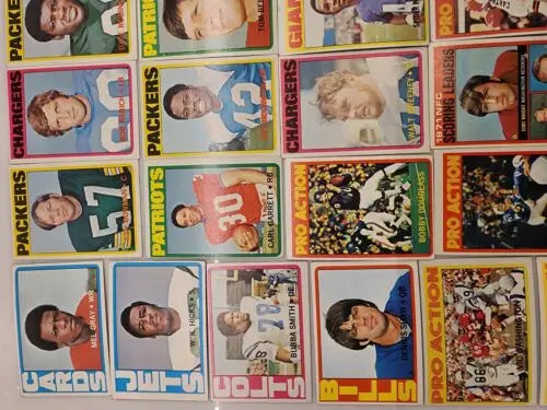 Vintage NFL football cards in a 1972 Topps Lot of 48 featuring Hall of Fame stars