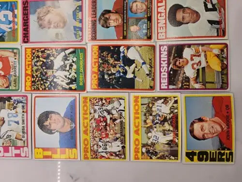 Vintage NFL football cards from the 1972 Topps lot featuring Hall of Fame stars