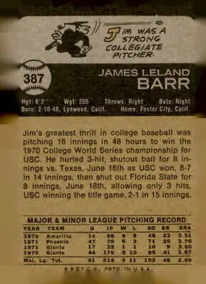 Vintage baseball card back of Jim Barr San Francisco Giants 1973 O-Pee-Chee #387