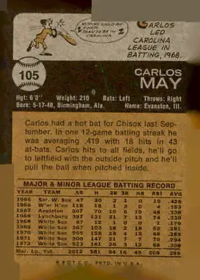 Vintage baseball card back of 1973 Topps #105 Carlos May, a Chicago White Sox player