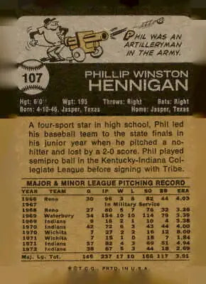 Vintage baseball card back featuring Phil Hennigan from 1973 Topps #107