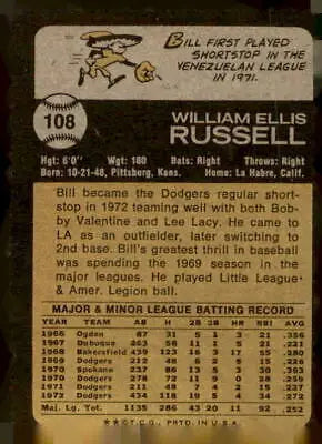 Vintage baseball card back from 1973 Topps #108 Bill Russell sports trading card