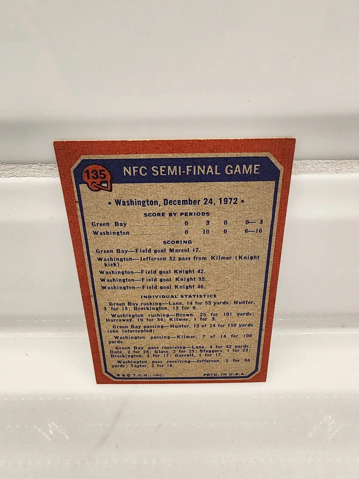 1973 Topps trading card of Green Bay Packers and Washington Redskins in EX condition