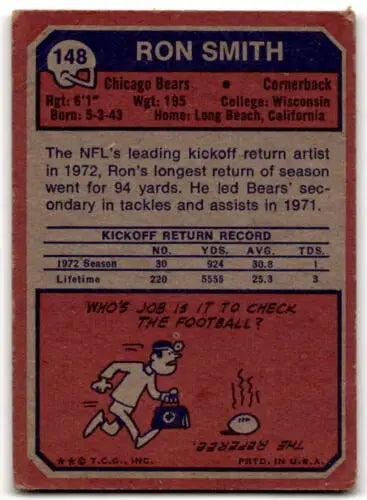 Vintage Ron Smith football card from 1973 Topps with original gloss and Smith G Good