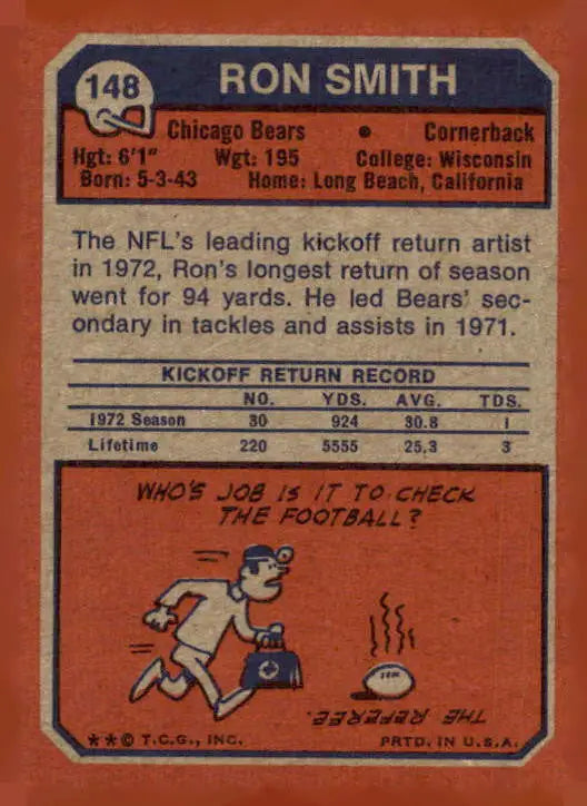 Vintage 1973 Topps Ron Smith Chicago Bears trading card back side image