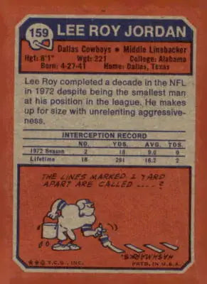 Vintage Lee Roy Jordan football card from 1973 Topps #159 featuring Lee Roy Jordan