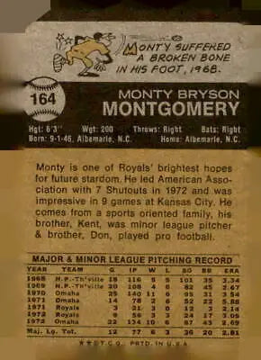Vintage 1973 Topps #164 Monty Montgomery back, Kansas City Royals player card