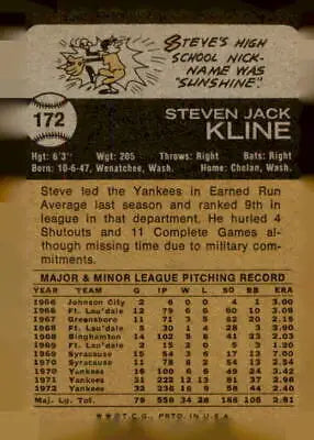 Vintage baseball card back of 1973 Topps #172 Steve Kline trading card EX-MT condition