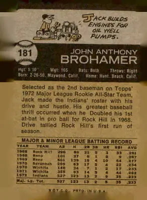 Vintage 1973 Topps #181 Jack Brohamer baseball card back showcasing EX-MT condition