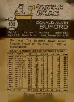 Vintage baseball card back of 1973 Topps #183 Don Buford trading card in EX-MT condition