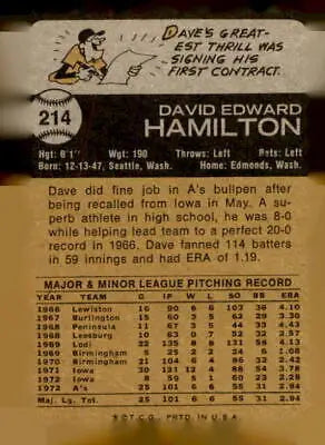 1973 Topps #214 Dave Hamilton trading card back showcasing Dave Hamilton sports stats