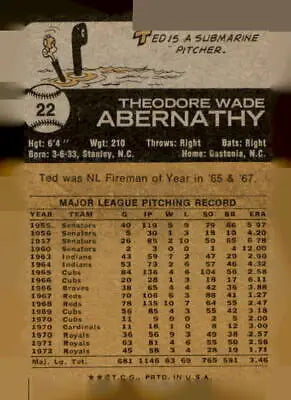Vintage baseball card of Ted Abernathy from the Kansas City Royals 1973 Topps #22