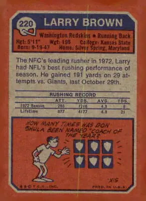 Vintage Larry Brown football card from 1973 Topps series showcasing Larry Brown football memorabilia