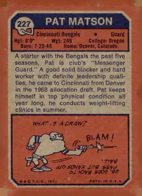 Vintage Pat Matson football card from 1973 Topps #227 showcasing Pat Matson trading memorabilia