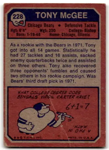 Vintage 1973 Topps Tony McGee P Poor football card with original gloss features