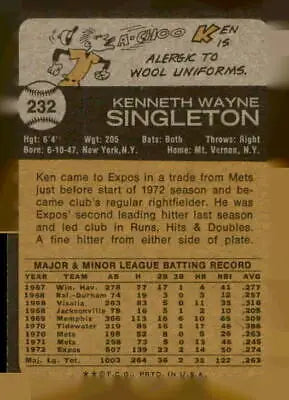 Back of 1973 Topps #232 Ken Singleton EX-MT baseball trading card in vintage style