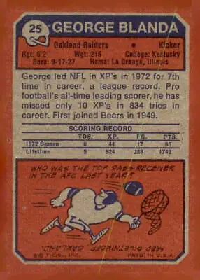 Vintage George Blanda football card from 1973 Topps #25 featuring George Blanda football memorabilia