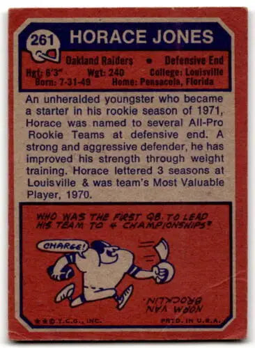 Vintage Horace Jones football card from 1973 Topps with original gloss and J Jones P Poor