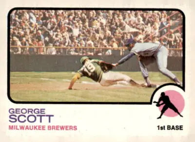 Vintage 1973 Topps George Scott baseball card on display