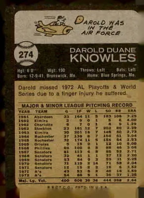 Darold Knowles baseball card back showcasing trading card features from 1973 Topps #274
