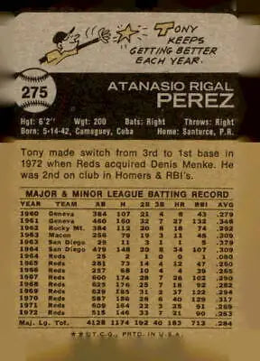 Vintage Tony Perez trading card from the 1973 Topps #275 for card collectors