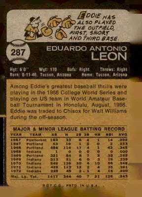 Back of 1973 Topps #287 Eddie Leon EX-MT trading card showcasing vintage design