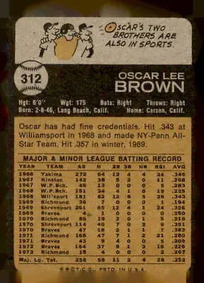Vintage baseball card back of 1973 Topps #312 Oscar Brown trading card